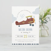 Cute Fly Over Airplane Cloud Heart Birthday Invite Bedankkaart (Staand voorkant)