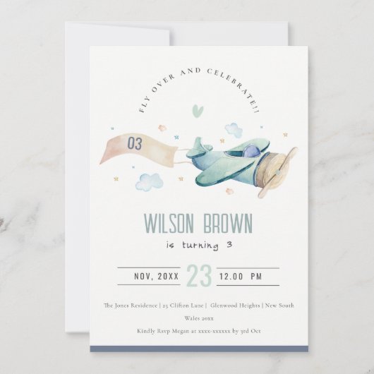 Cute Fly Over Airplane Cloud Heart Birthday Invite Bedankkaart (Voorkant)
