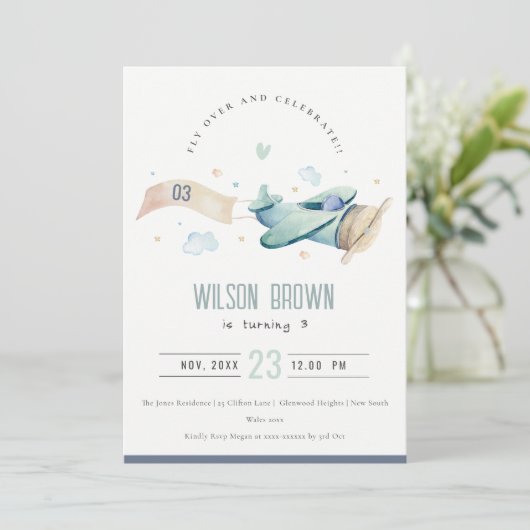 Cute Fly Over Airplane Cloud Heart Birthday Invite Bedankkaart (Staand voorkant)