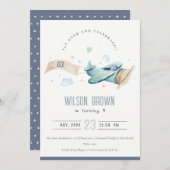 Cute Fly Over Airplane Cloud Heart Birthday Invite Bedankkaart (Voorkant / Achterkant)