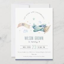 Cute Fly Over Airplane Cloud Heart Birthday Invite