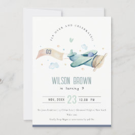 Cute Fly Over Airplane Cloud Heart Birthday Invite Bedankkaart