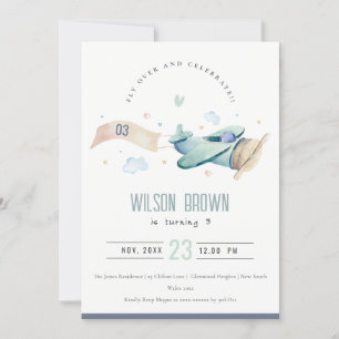Cute Fly Over Airplane Cloud Heart Birthday Invite Bedankkaart