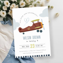 Cute Fly Over Airplane Cloud Heart Birthday Invite