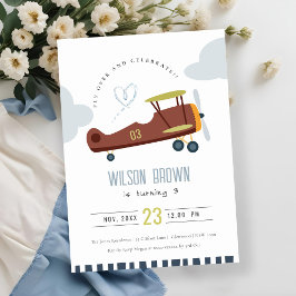 Cute Fly Over Airplane Cloud Heart Birthday Invite Bedankkaart