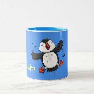 Cute fly puffin cartoon illustratie tweekleurige koffiemok