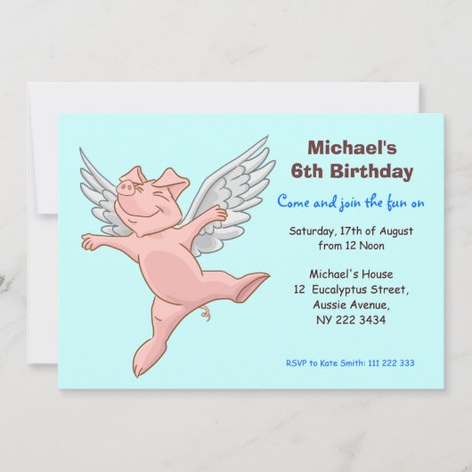 Cute Flying Pig Birthday Party Invitation Kaart (Voorkant)