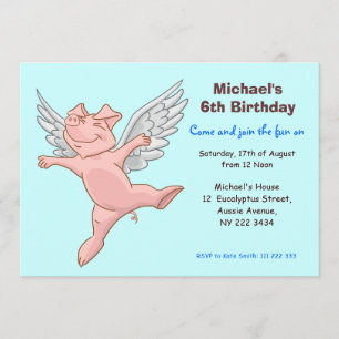 Cute Flying Pig Birthday Party Invitation Kaart