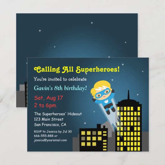 Cute Flying Superheld Birthday Party Kaart (Voorkant / Achterkant)