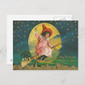 Cute Flying Witch Black Cat Full Moon Briefkaart (Voorkant / Achterkant)