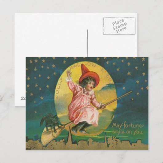 Cute Flying Witch Black Cat Full Moon Briefkaart (Voorkant / Achterkant)