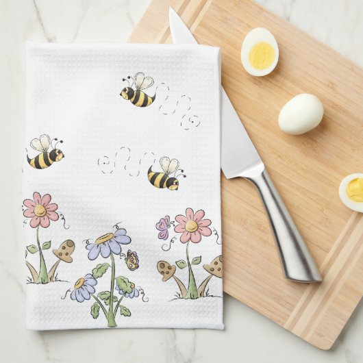 Cute Folk Art bees Daisies Butterflies Theedoek (Quarter Fold)