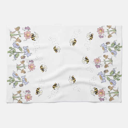 Cute Folk Art bees Daisies Butterflies Theedoek (Horizontaal)