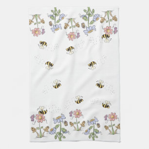 Cute Folk Art bees Daisies Butterflies Theedoek