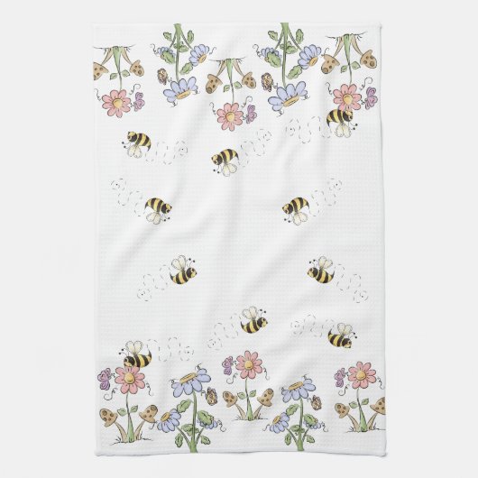 Cute Folk Art bees Daisies Butterflies Theedoek (Verticaal)