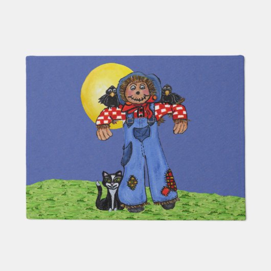 Cute Folk Art Blue Jeans Scarecrow Crows Halloween Deurmat (Voorkant)