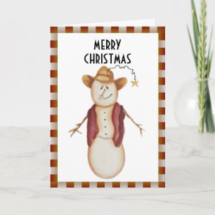 Cute Folk Art Cowboy Snowman Kerstmis Feestdagen Kaart