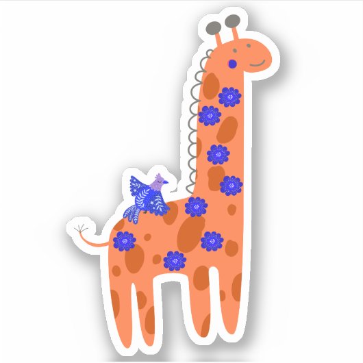 Cute Folk Art Giraffe Bird Oranje Blue Laptop Sticker (Voorkant)