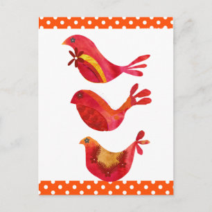 Cute Folk Art Red Bird Trio Waterverf Briefkaart