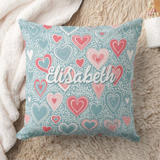 Cute Folk Bloemen Hart Stof Blauw Roze Roos Naam Kussen