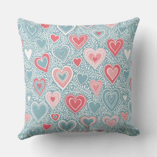 Cute Folk Bloemen Hart Stof Blauw Roze Roos Naam Kussen (Achterkant)