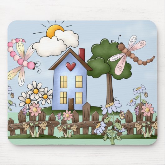 Cute Folk Country House en Picket Fence Art Muismat (Voorkant)
