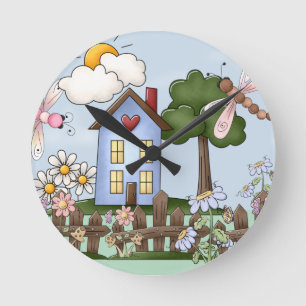 Cute Folk Dragonflies Flowers Blue House Ronde Klok