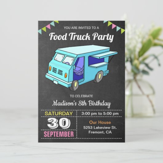 Cute Food Truck Birthday Party Invitation Kaart (Staand voorkant)