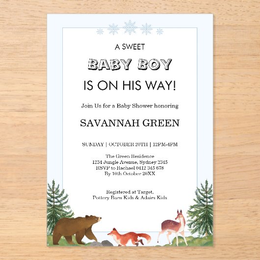 Cute Forest Animals Baby Boy Shower Design Acryl Uitnodigingen (Voorkant)