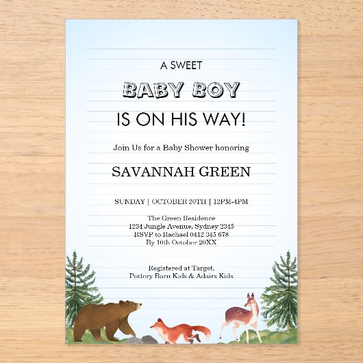 Cute Forest Animals Baby Boy Shower Design Acryl Uitnodigingen (Voorkant)