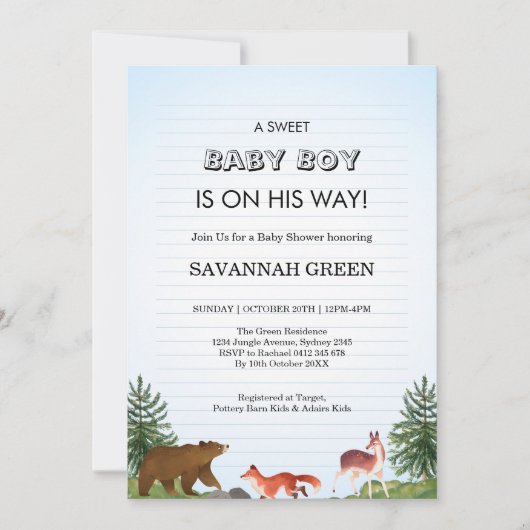 Cute Forest Animals Baby Boy Shower Design Kaart (Voorkant)