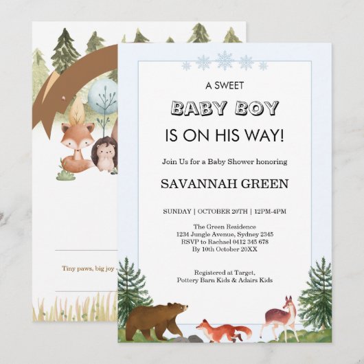 Cute Forest Animals Baby Boy Shower Design Kaart (Voorkant / Achterkant)