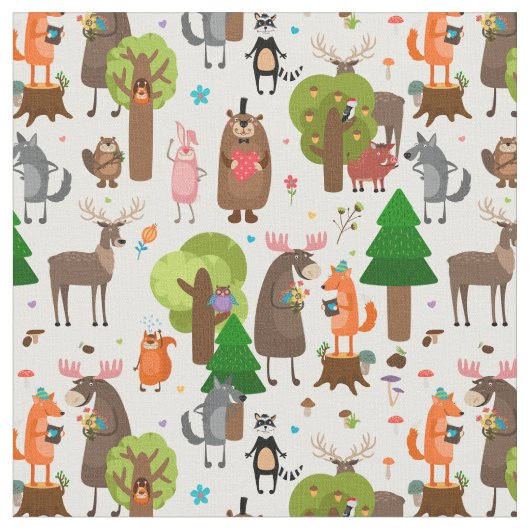 Cute Forest Animals Fabric Stof (Close Up)