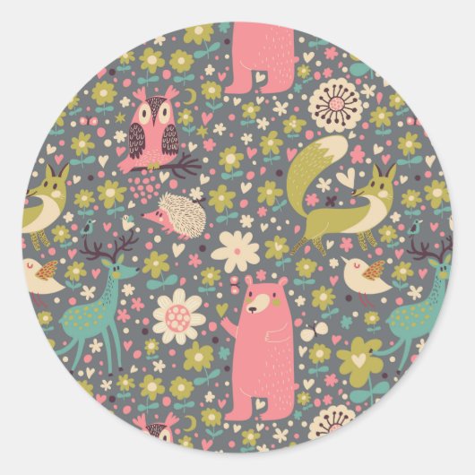 Cute Forest Animals Pattern Ronde Sticker (Voorkant)