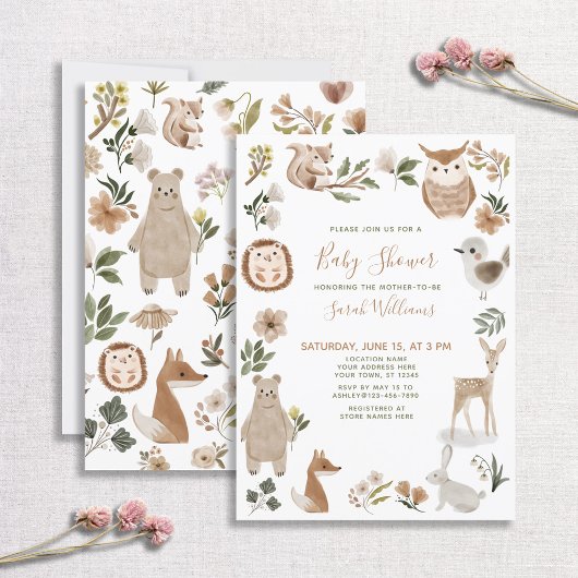 Cute Forest Animals Script Brown Boho Baby shower Kaart