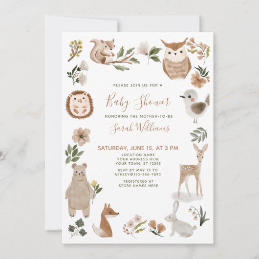 Cute Forest Animals Script Brown Boho Baby shower Kaart (Voorkant)