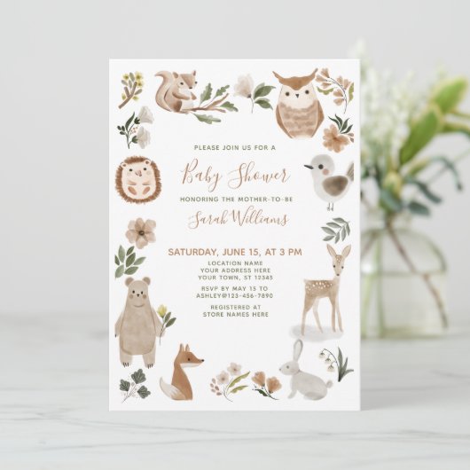 Cute Forest Animals Script Brown Boho Baby shower Kaart (Staand voorkant)