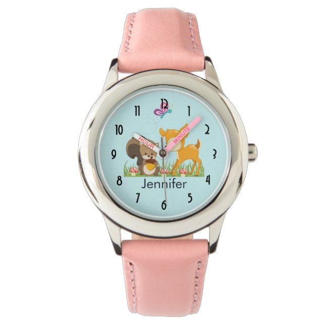 Cute Forest Animals Whimsical Cartoon Horloge (Voorkant)