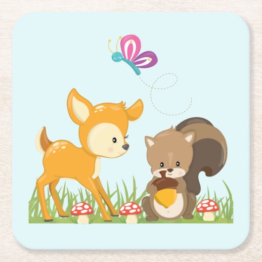 Cute Forest Animals Whimsical Cartoon Kartonnen Onderzetters (Voorkant)