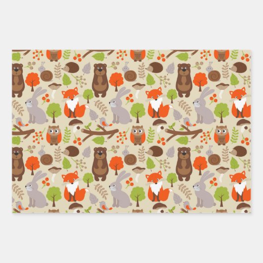 Cute Forest Animals Wrapping Paper Set of 3 (Voorkant)
