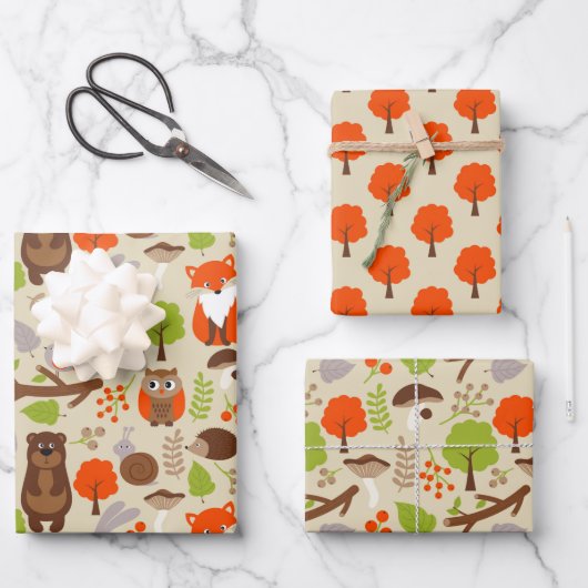 Cute Forest Animals Wrapping Paper Set of 3 (Voorkant)