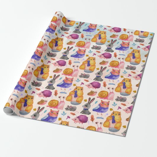 Cute Forest Critters Wrapping Paper Cadeaupapier (Uitgerold)