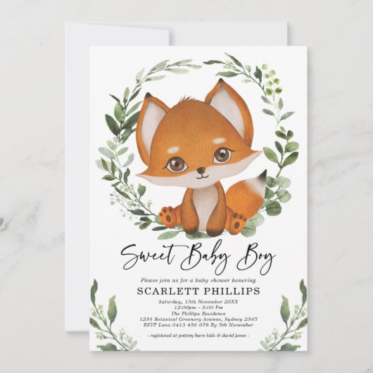 Cute Forest Fox Greenery Wreath Baby Boy Shower Kaart (Voorkant)