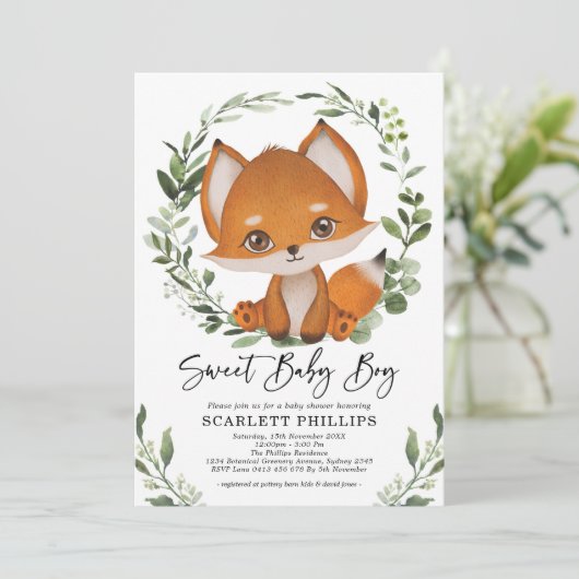 Cute Forest Fox Greenery Wreath Baby Boy Shower Kaart (Staand voorkant)