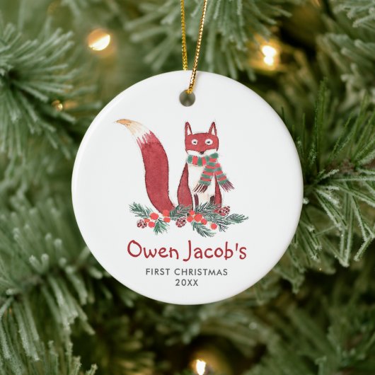 Cute Forest Fox Personalized Baby's 1st Kerstmis Keramisch Ornament (Boom)
