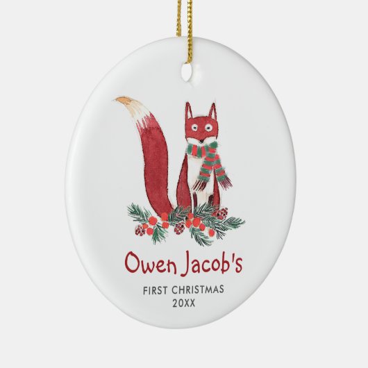 Cute Forest Fox Personalized Baby's 1st Kerstmis Keramisch Ornament (Rechts)