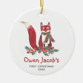 Cute Forest Fox Personalized Baby's 1st Kerstmis Keramisch Ornament (Voorkant)