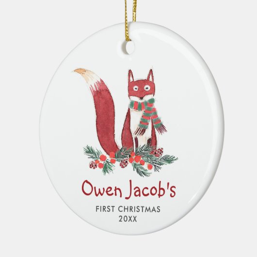 Cute Forest Fox Personalized Baby's 1st Kerstmis Keramisch Ornament (Links)