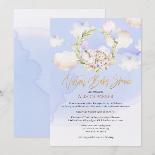 Cute Forest Rabbit Blue Sky | Virtueel Baby shower Kaart (Voorkant / Achterkant)