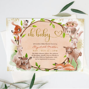 Cute Forest Woodland Animal Oh Baby Girl Shower Kaart